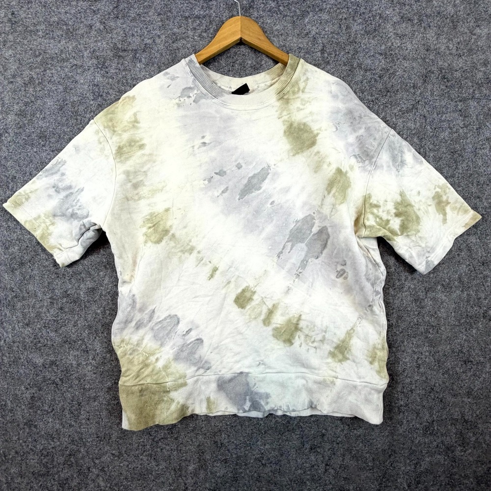 Zara Sweatshirt Mens‎ Large White Green Tie Dye Pockets Ribbed Hem Lightweight